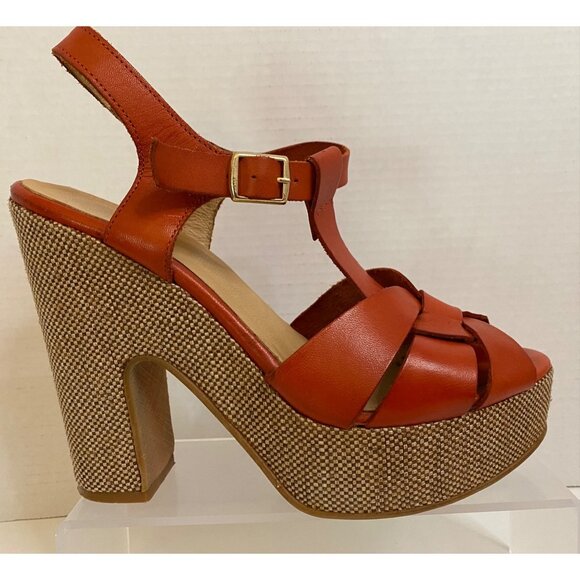 Spanish Leather Stacked Heel Women US 10.5 Sunburst Orange Sandals w/Ankle Strap - Picture 2 of 13